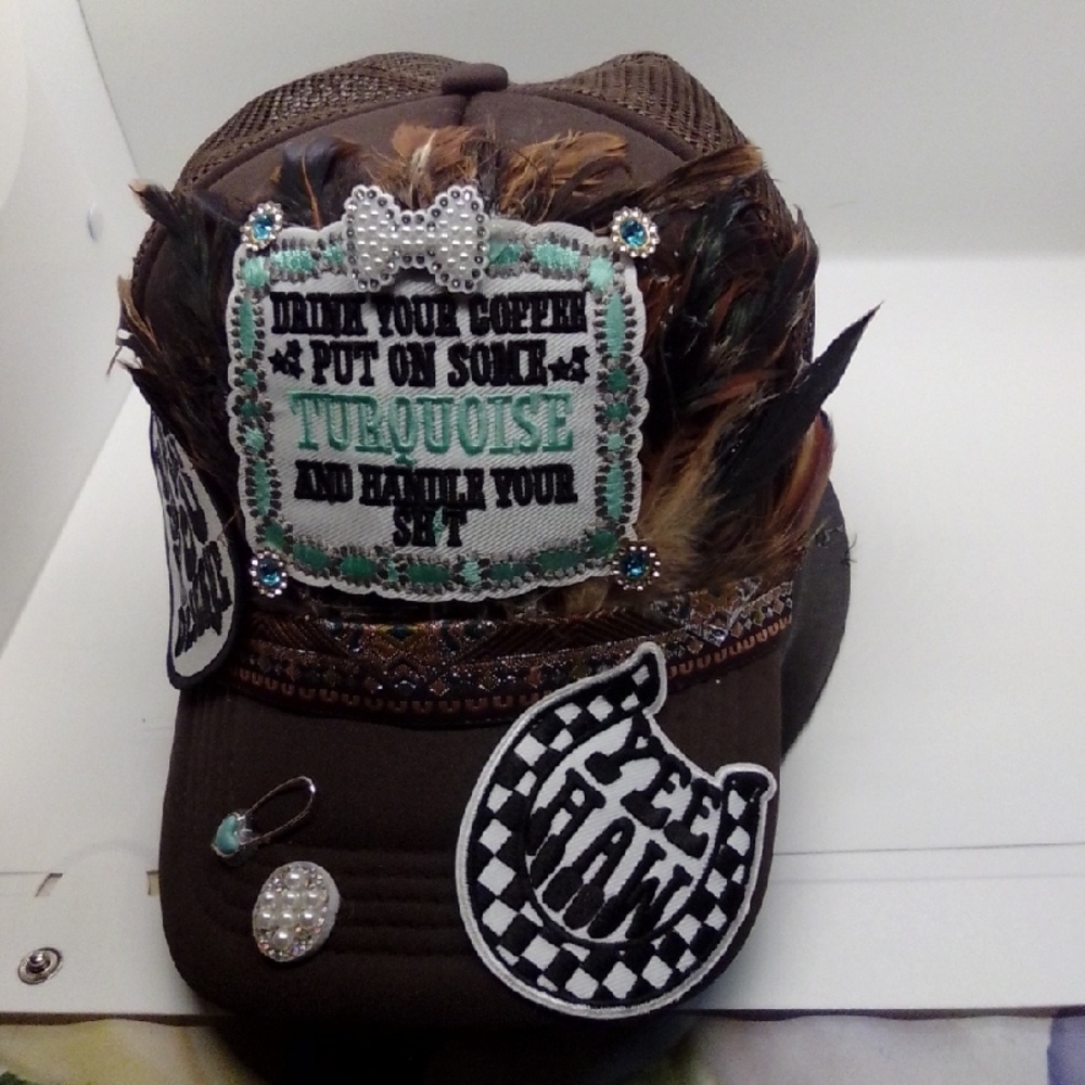 Hand Crafted Brown and Turquoise Feathered Hat